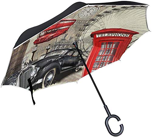 Paraguas invertidas de Doble Capa con diseño de Big Ben de Inglaterra, Reino Unido, Londres, invertido, Resistente al Viento, Impermeable, para Coche, Viajes al Aire Libre, Adultos, Hombres y Mujeres