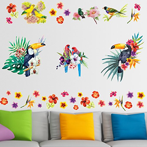Pegatinas de Pared Tropical Aves Acuarela Flores Decoración para Sala de Estar Dormitorio
