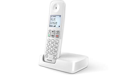 Philips D2501W/34 - Teléfono Fijo Inalámbrico (16 Horas, Retroiluminación, HQ-Sound, Manos Libres, Identificador de Llamadas, Agenda 50 Nombres y números, Plug & Play, Eco+) Blanco