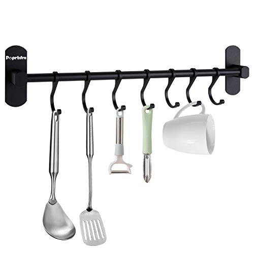 Poprkdre Colgador Utensilios Cocina 7 Gancho Barra Soportes y Organizadores, Soporte Utensilios Cocina sin Taladro, Estante Colgante de Cocina, Aluminio, Acabado Mate, 40CM