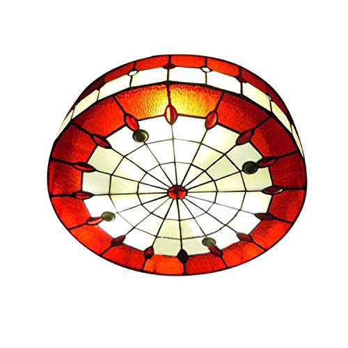 QJUZO Lámpara De Techo Iluminación Interior Diseño Tiffany Vintage para Decoración De Habitaciones De Niños, Plafón Antigua para Sala De Estar con Pantalla Redonda Tiffany,Rojo,50CM