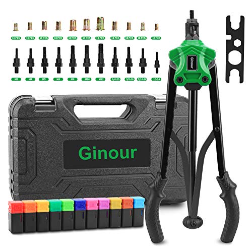 Remachadora de tuercas, 17" Ginour Pistola Remachadora profesional, 110 PCS tuercas, 11 Mandriles M3, M4, M5, M6, M8, M10, M12, 10-24, 1/4-20, 5/16-18, 3/8-16, para placa de acero 2-3mm Remachadora de tuercas, 17" Ginour Pistola Remachadora profesional, 110 PCS tuercas, 11 Mandriles M3, M4, M5, M6, M8, M10, M12, 10-24, 1/4-20, 5/16-18, 3/8-16, para placa de acero 2-3mm