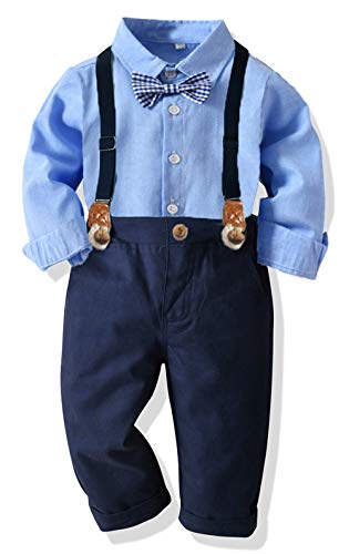 Ropa Bebe Conjunto Niño Traje de Vestir Conjuntos de Otoño e Invierno Camisa de Manga Larga Pantalón + Pajarita Tirantes Ropa Niño Caballero 6 Meses a 6 años (Azul005, 4T)