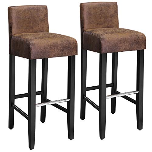 SONGMICS Conjunto de 2 taburetes de bar, Sillas altas con respaldo bajo, Silla acolchada tapizada en PU, Altura del asiento de 76 cm, Patas de madera maciza, con Reposapiés, Marrón y negro, LDC32BR