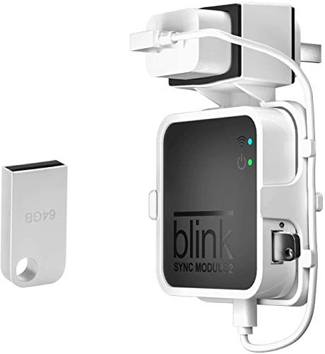Soporte de pared y unidad flash USB de 64 GB para Blink Sync Module 2, soporte para cámara de seguridad interior Blink con cable corto fácil de montar (blanco)