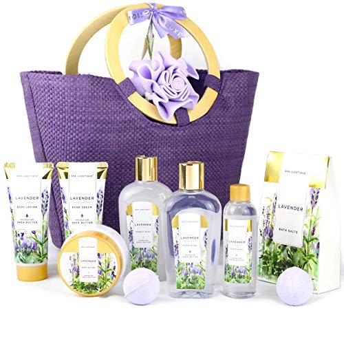 Spa Luxetique Set de Regalo de Baño con Bolso, Set de Baño y Ducha a Lavanda de 10 Piezas, Incluye Gel de Ducha, Loción Corporal, Bombas de Baño, Sales de Baño, Regalos Originales para Mujer