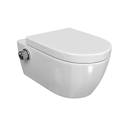 SSWW | WC Taharet | Incluye grifo y asiento de cierre suave extraíble | WC de ducha | inodoro suspendido | inodoro con función bidé | higiénico | Alpha sin borde | 540 x 360 x 330 mm
