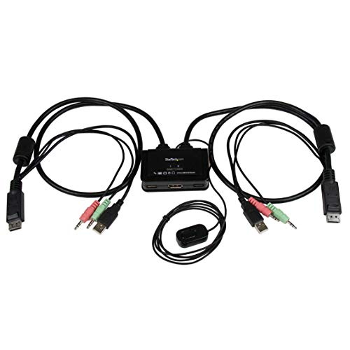 StarTech.com SV211DPUA - Switch conmutador KVM de 2 puertos DisplayPort USB audio mini Jack con cables integrados (sin alimentación externa, 1080p)