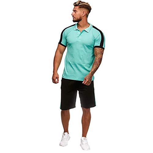 sunnymi - Conjunto de 2 pantalones cortos deportivos para hombre, diseño de rayas, color colisión, manga corta verde S