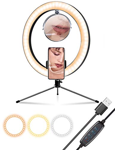 SWP Anillo de luz LED con trípode de aluminio y espejo de maquillaje de doble cara, 10 pulgadas 3 temperaturas de color y 10 niveles de brillo regulables para YouTube Selfie