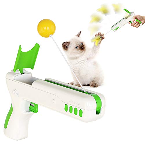TAK Cat Funny Gun Toy Two Purpose Feather Cat Wand Bola de Gato Juguete Interactivo para Mascotas Gatito Ejercicio Teaser IQ Cat Nip Juguetes de Entrenamiento para Gatos de Interior