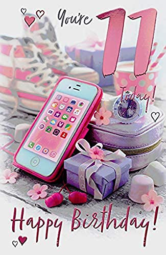 Tarjeta de cumpleaños número 11 para una niña de 11 años – Teléfono móvil – 21 x 13 cm – Palabras y deseos