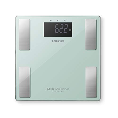 Taurus Syncro Glass Complet Báscula baño digital inteligente, porcentaje grasa y agua, masa muscular y ósea, 3-180 kg, kg/lb, 28 x 28 x 2 cm, verde Taurus Syncro Glass Complet Báscula baño digital inteligente, porcentaje grasa y agua, masa muscular y ósea, 3-180 kg, kg/lb, 28 x 28 x 2 cm, verde