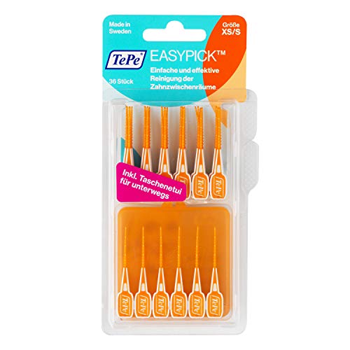 TePe Palillos interdentales EasyPick/Palillos de limpieza interproximal, para espacios estrechos y muy estrechos, tamaño XS/S / 36 unidades en un práctico estuche de viaje, color naranja