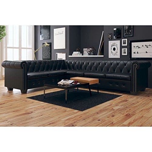 Tidyard Sofá de Esquina Chesterfield 6 Plazas,Sofá de Salón con Estructura de Madera para Hogar o Oficina,Estilo de Lujo y Clase,Tapicería de Cuero Artificial,260x205x73cm Negro