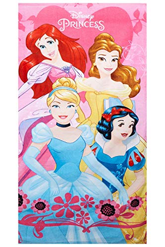 Toalla Disney Princess Towel Heart con Ariel, Belle, Cenicienta y Blancanieves, 70 x 140 cm para niños, 100% algodón