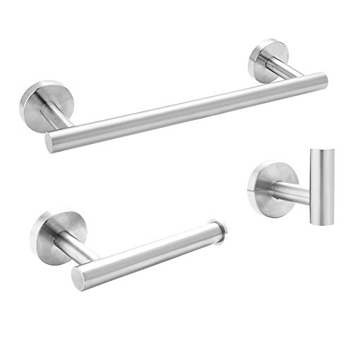 Toallero de toallero, accesorio de baño, 3 piezas, redondo, 30,5 cm, soporte para papel higiénico + gancho para toallas, para baño y aseo (acero cepillado) Toallero de toallero, accesorio de baño, 3 piezas, redondo, 30,5 cm, soporte para papel higiénico + gancho para toallas, para baño y aseo (acero cepillado)
