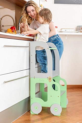 Toddler in Family Torre de Aprendizaje/Escritorio y Taburete Montessori (Verde/Gris)