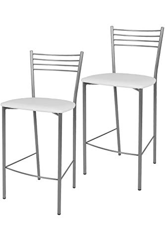 Tommychairs - Set 2 taburetes Elena para Cocina y Bar, con Estructura en Acero Pintado Color Aluminio y Asiento tapizado en Polipiel Color Blanco