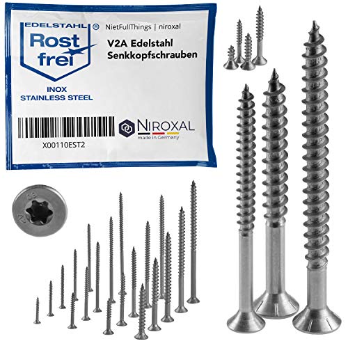 Tornillo de cabeza avellanada TORX de acero inoxidable fabricado en V2A 4-mm de espesor 50-mm de longitud del tornillo 200 piezas Rosca parcial de 30-mm Tornillo para madera 4x50 Tornillo de cabeza avellanada TORX de acero inoxidable fabricado en V2A 4-mm de espesor 50-mm de longitud del tornillo 200 piezas Rosca parcial de 30-mm Tornillo para madera 4x50