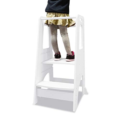 Torre de pie para niños, taburete de cocina para aprender a aprender a la cocina con plataforma ajustable, taburete de inodoro para niños, color blanco Torre de pie para niños, taburete de cocina para aprender a aprender a la cocina con plataforma ajustable, taburete de inodoro para niños, color blanco