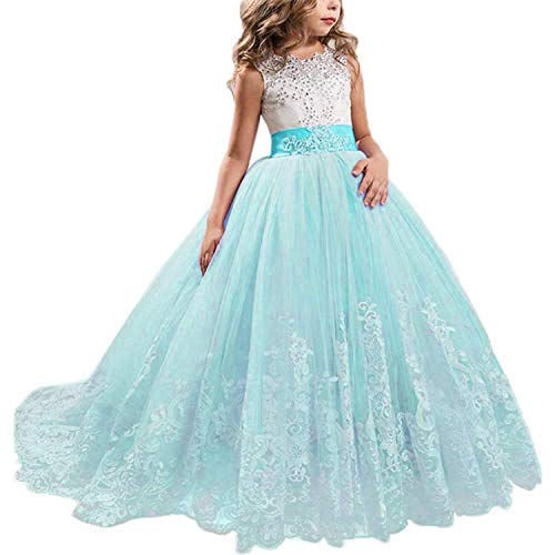 TTYAOVO Vestido de Novia Princesa de Encaje hasta el Suelo para Niñas Vestidos de Tul Talla170 (14-15 Years) 406 Azul