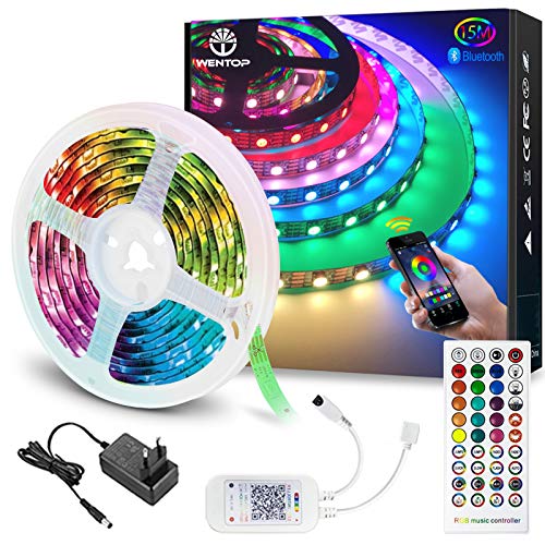 WenTop Tiras LED Bluetooth 15m, Luces LED RGB Colores con Control Remoto de 40 Botones y Fuente de Alimentación de 12V, Para Habitación, Dormitorio, Cocina, Techo, Festival Decorativos.