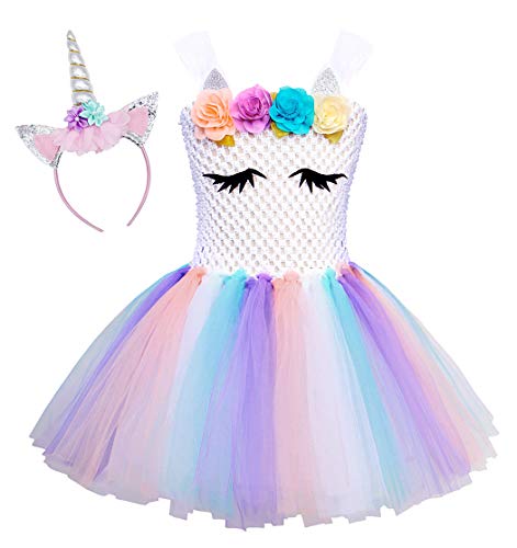 WonderBabe Disfraz De Unicornio Tul Tutú Flor Vestido Elegante Disfraz De Halloween para Niñas Niños Traje De Fiesta De Cumpleaños De 8 a 9 Años