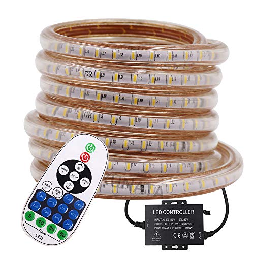 XUNATA 25m Regulable Tira de LED 3014 con Control Remoto, 120 LEDs/m de Luz de Cuerda Impermeable, 220V Decoración Interior y Exterior Ribbon Light Blanco calido