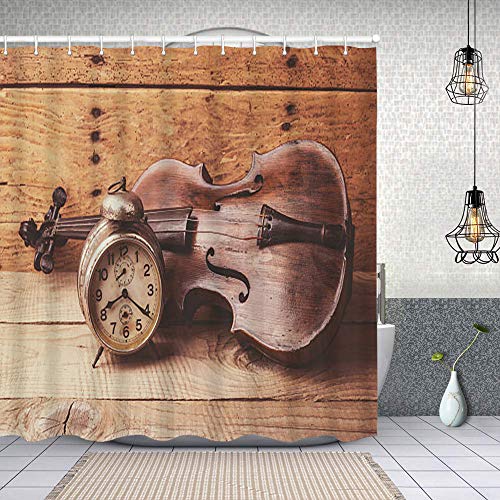 YANAIX Cortina Ducha Impermeable,Reloj Antiguo y violín Antiguo sobre Mesa de Madera Vintage,Impresión de Cortinas baño con 12 Ganchos 180x180cm
