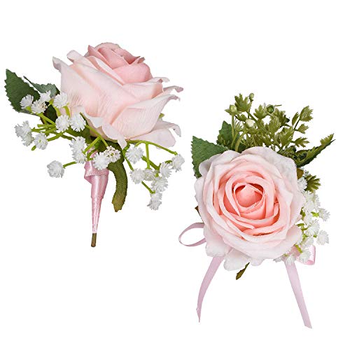 YQing 2 Piezas Boutonniere Ojales Novio Padrino de Boda El Mejor Hombre Rose Flores de Boda Accesorios Traje de Baile Decoración (Rosa Claro)