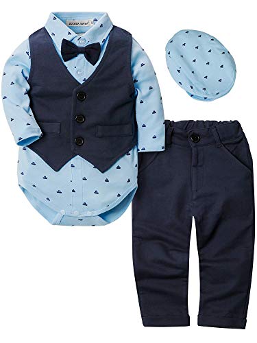 ZOEREA 4pcs Ropa Bebe niño Conjuntos Camisas de Manga Larga + Chaleco + Pantalones + Boina, Infantil niños Trajes Conjunto de Fiesta Boda Bautizo (Azul Oscuro, Etiqueta 80 (Edad 12~18 Meses))