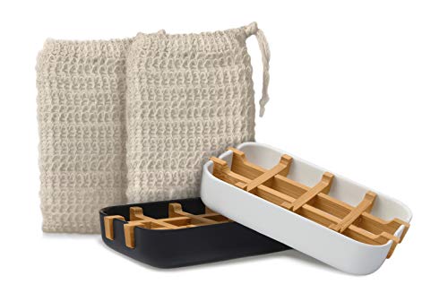 2 x jabonera sostenible, ecológica fabricada en madera de bambú natural con bandeja de goteo de fibra de bambú. Colores blanco y negro + 2 bolsas de jabón de sisal natural para peeling corporal 2 x jabonera sostenible, ecológica fabricada en madera de bambú natural con bandeja de goteo de fibra de bambú. Colores blanco y negro + 2 bolsas de jabón de sisal natural para peeling corporal