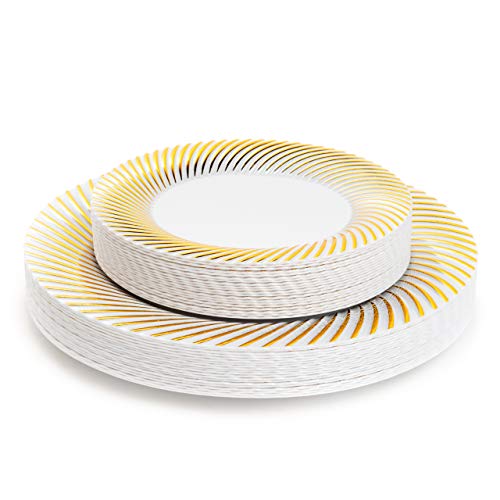 40 Platos de Plástico Duro Blanco con Borde Dorado - 2 Tamaños: 20 Platos Grandes y 20 Pequeños Platos de Postre - Resistente y Reutilizable.