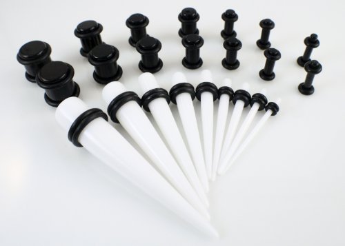 9 pc blanco de expansión de oído (1,6 mm – 10 mm) (14g-00g) y 14 pc Negro enchufe de oído (2.4 mm – 10 mm) (10g-00g) acrílico UV Kit juego de calibres Taper oído estiramiento Set