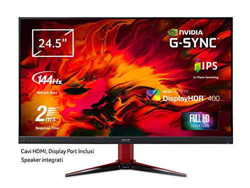 Acer Nitro VG2 Monitor, 62 cm 24.5" W, ZeroFrame, 144Hz G-Sync, compatible DisplayHDR 400 Fast LC, 2ms(0.9 ms min), 400nits IPS LED 2xHDMI, 1xDP MM Audio out, EURO/UK EMEA MPRII, Black, EcoDisplay