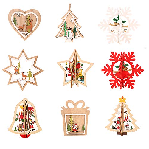 Amasawa 9 Piezas Colgante Navideño de Madera DIY Madera Colgante Adornos para Árbol de Navidad y Decoración de Fiesta (Color Madera)