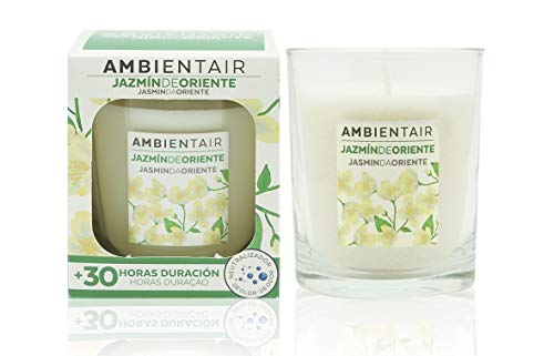 Ambientair. Vela aromática de Jazmín. Vela perfumada con Cera Vegetal y Perfume Natural con una duración Estimada de 30 Horas. Disfruta de la aromaterapia en tu casa con Esta Vela en Vaso de Cristal. Ambientair. Vela aromática de Jazmín. Vela perfumada con Cera Vegetal y Perfume Natural con una duración Estimada de 30 Horas. Disfruta de la aromaterapia en tu casa con Esta Vela en Vaso de Cristal.