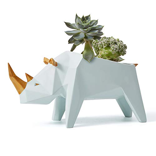 Amoy-Art Jardinera de Cactus Suculenta Figurillas Decorativas Rinoceronte Estatuilla Animale para el Hogar Regalos Resina 18cmL