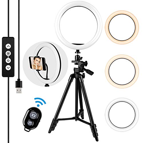 amzdeal 10'' Anillo de Luz LED 3 Colores 10%-100% Brillos Regulables Girar 360º Aro de Luz con Control Remoto y Soporte para Movil para Maquillaje/Videollamada/Selfie/Transmisión en Vivo