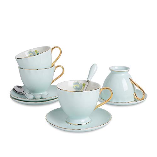 Artvigor 4 Juegos de Tazas de Café de Porcelana, 220ml, Juegos de Café de Cerámica Vajillas de té para Hogar, Oficina, Cafetería, Restaurante, Regalo para Cumpleaños, Festival - Flores, Azul Claro