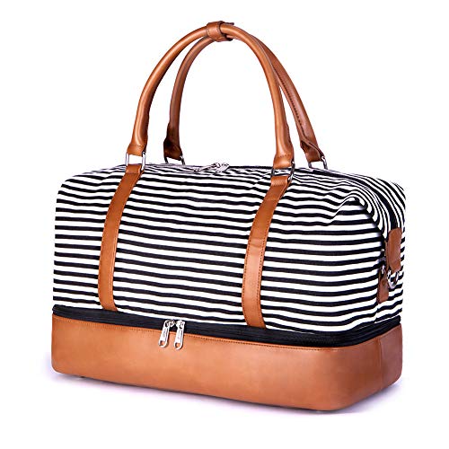 Arzopa Bolsas de Mano Viaje, Bolsa de Lona a Rayas con Correa de Cuero PU para Mujeres Bolso de Deporte para Fin de Semana y Noche (Raya Delgada en Blanco y Negro)