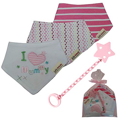 Baberos bandana bebé de algodón suaves y súper absorbentes + 1 broche y cadena para chupete – Especial set de regalo para bebé