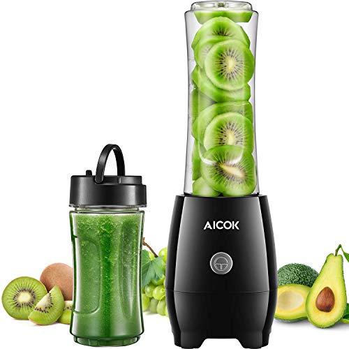 Batidora de Vaso, Aicok 300W Mini Batidoras Smoothie con 600ml e 330mlBotella Tritan, Batidoras para Smoothies 4 Cuchillas de Acero Inoxidable, Operación con un Solo Botón, Libre de BPA