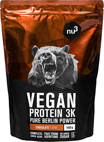 Batidos de proteínas veganas - Proteína vegetal 3K en polvo - de 3 componentes vegetales (guisante, cáñamo & arroz) - 1 Kg sabor chocolate - Para crecimiento y mantenimiento de masa muscular - de nu3
