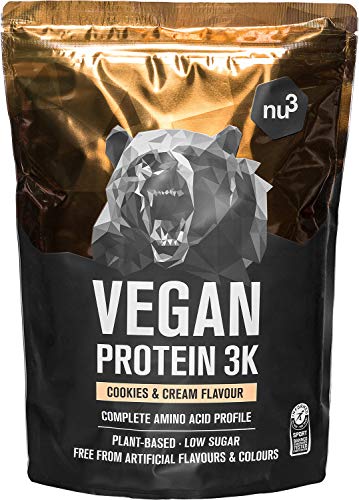 Batidos de proteínas veganas - Proteína vegetal 3K en polvo - de 3 componentes vegetales (guisante, cáñamo & arroz) - 1 Kg sabor cookies & cream - Suplemento deportivo para hombres y mujeres - de nu3