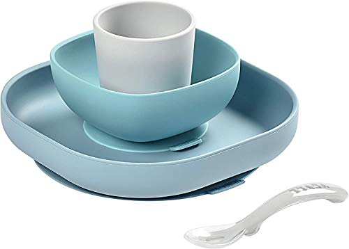 BÉABA Juego de Vajilla en Silicona Infantil, Ventosa resistente, Set de 4 Piezas para bebé, Plato + Bol + Taza + Cuchara, Alta calidad, Accesorios para el Aprendizaje de bebé, Verde