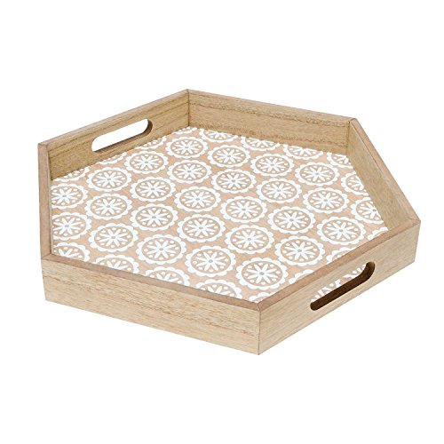 Black Velvet Studio Bandeja Madera Servir MDF Chapada Pawlonia Color Blanco Natural Hexagonal - Estilo Nórdico con Estampado Étnico Retro Vintage Modelo Agra 38 * 33 * 5cm.