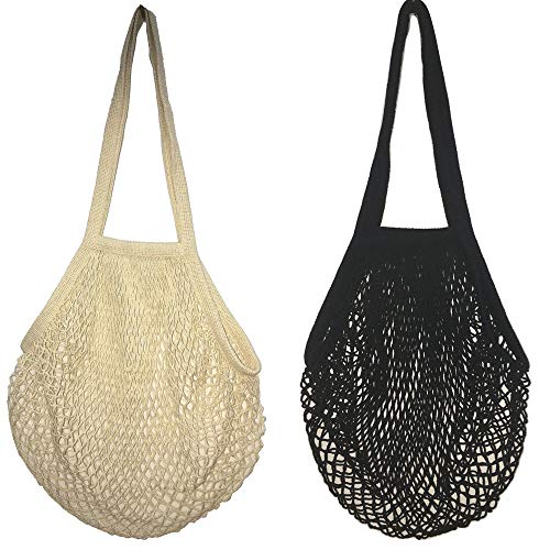 Bolsas de Malla Reutilizables,2 Pack Bolsa de Compra de Red de Algodón Grande Malla Compra de Malla con Asa Larga para Frutas Verduras de Mercado Blanco y Negro