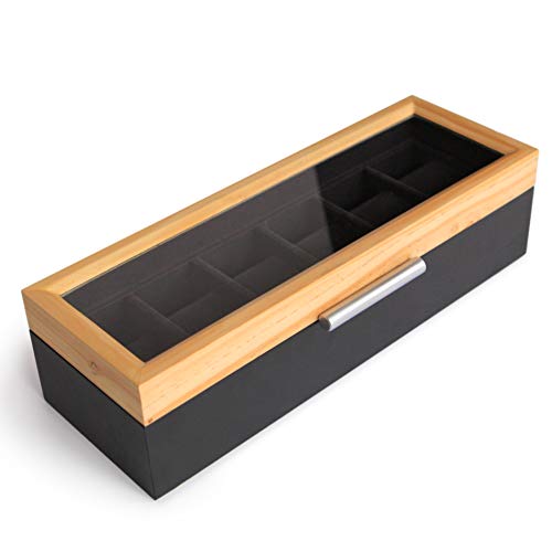 Caja Moderna para Relojes de Dos Tonos Pino y Gris Oscuro con Asa de Aluminio de 6 Ranuras con Vidrio Real por Case Elegance